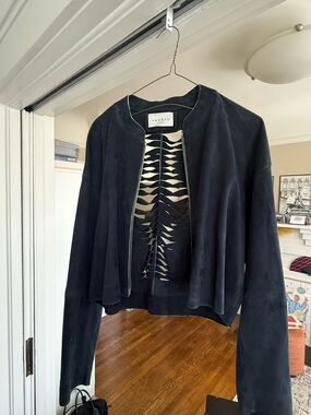 Sandro Moscoloni Black Suede Open-Front Zip Jacket